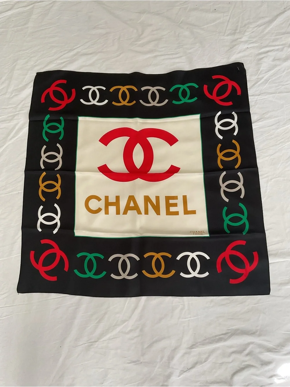 CHANEL Black Cream Multicolor Logo CC Silk Scarf